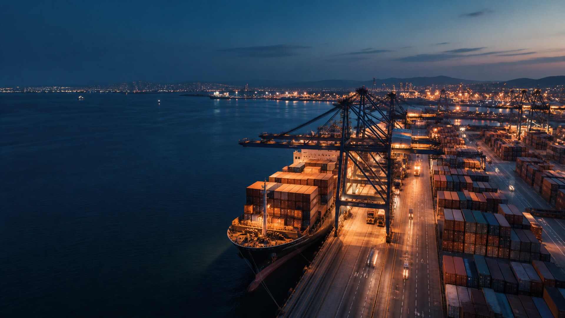 International container port and cargo vessel operating at blue hour